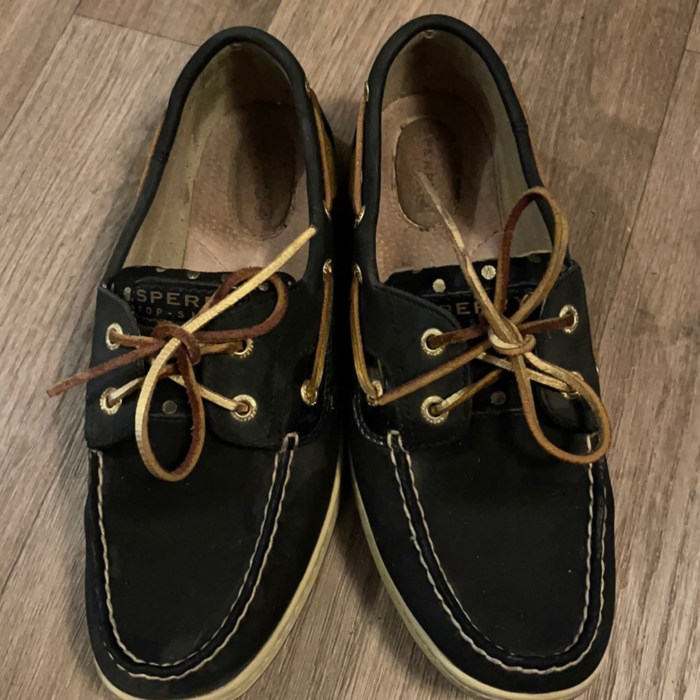 Blue and gold polka dot sperry